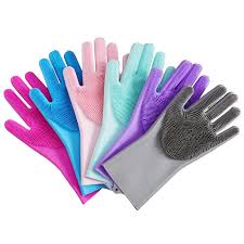 Magic Silicone Dishwashing Gloves – Reusable Heat-Resistant Rubber Cleaning Gloves with Built-In Scrubber for Kitchen, Dishes, Car, Bathroom & Household (1 Pair)