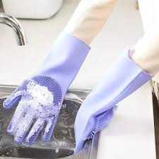 Magic Silicone Dishwashing Gloves – Reusable Heat-Resistant Rubber Cleaning Gloves with Built-In Scrubber for Kitchen, Dishes, Car, Bathroom & Household (1 Pair)