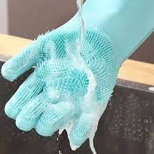 Magic Silicone Dishwashing Gloves – Reusable Heat-Resistant Rubber Cleaning Gloves with Built-In Scrubber for Kitchen, Dishes, Car, Bathroom & Household (1 Pair)